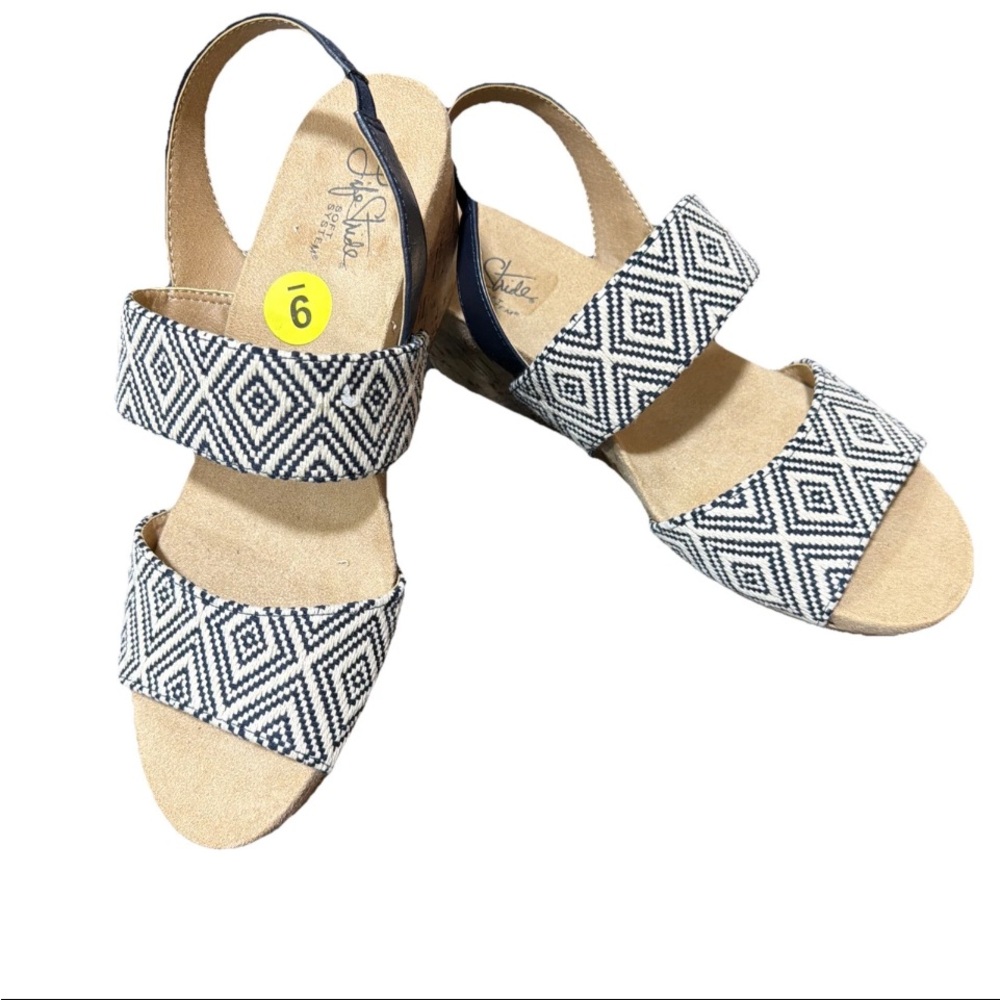 🆕LifeStride Marcela Geometric Navy Blue/Ivry Cork Wedge Sandals 9W casual/dressy